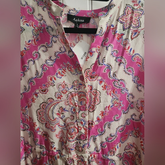 NWT AAKAA PULLOVER BUTTON FRONT DRAWSTRING WAIST PAISLEY DRESS - Picture 2 of 5